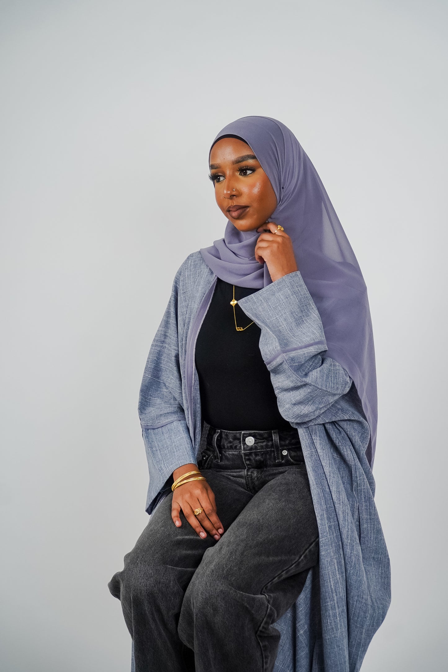 Heather Grey- Blue Open Linen Abaya