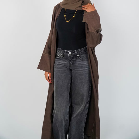 Chocolate Brown Open Linen Abaya